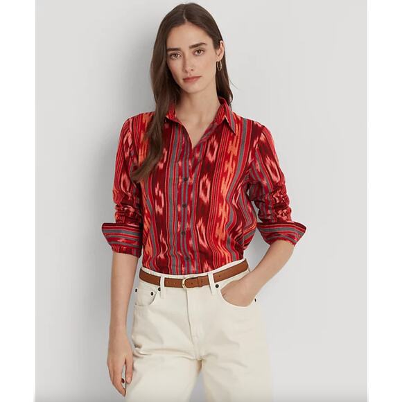 Lauren Ralph Lauren NWT Geo-Striped Cotton Voile Ikat Shirt M Boho Button Down - Picture 1 of 8